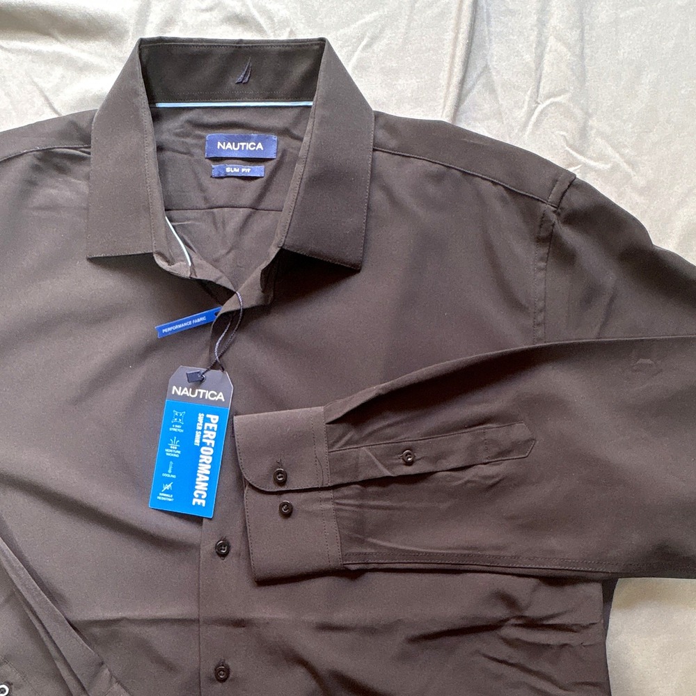 Nautica Slim Fit Performance Stretch Dress Shirt XL 17-17 1/2 34/35 Black Solid